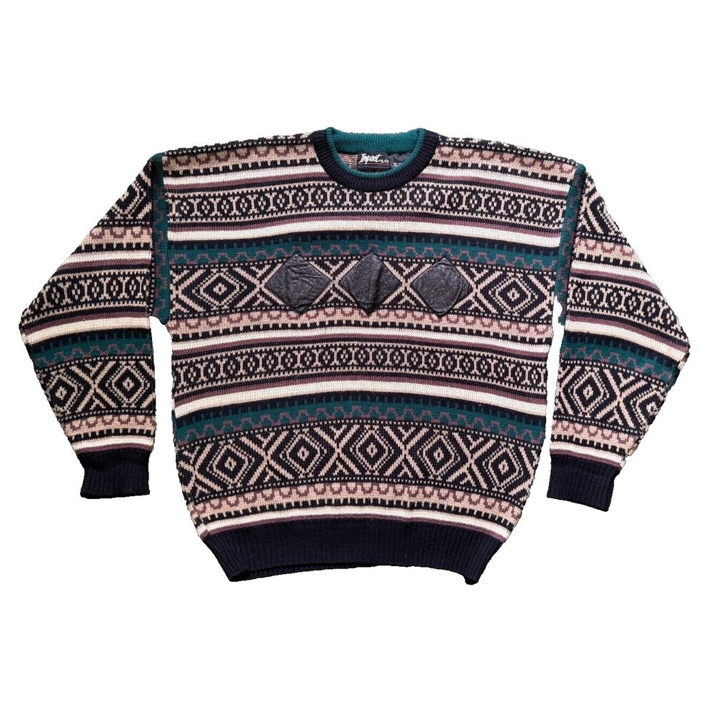 Vintage Impact Mens 80s Retro Tribal Aztec‎ Knit Leather Applique Sweater XL